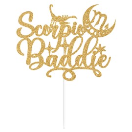 Escorpio Baddie - Decoración para tartas de escorpio de gran energía, cumpleaños de escorpio, 12 constelaciones con temática del zodiaco para fiestas de cumpleaños, purpurina dorada