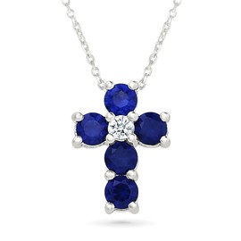 Created Blue Sapphire and Created White Sapphire Sterling Silver Cross Pendant Necklace
