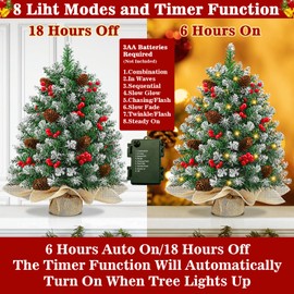 2 Pack 24 Inch Snow Flocked Christmas Tree Decor with 50 Warm Lights Timer Battery Operated Red Berries Pine Cones for Tabletop Christmas Decorations Home Indoor
