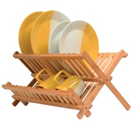 Dish Drying Rack - Bamboo Dish Rack for Kitchen Counter, Collapsible 2-Tier Wooden Drying Rack for Dishes, Plates, Cups, Utensils - Foldable Dish Drainer, Space-Saving Kitchen Drying Rack Organizer
