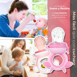 Chupones alimentadores para frutas y papillas con tapa libre de bpa, dibujos animados, 4m+ 2 piezas (vaquita rosa y monkey rosa)