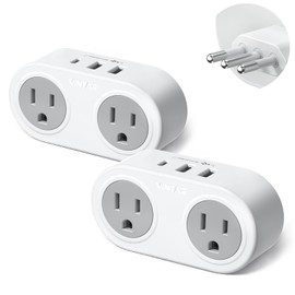 2 Pack Italy Travel Plug Adapter, VINTAR US to Italy Power Adapter with 1 USB C 2 USB A Ports and 2 American Outlets, 5 in 1 Outlet Adapter, Type L Plug Adapter for USA to Italy Uruguay Chile
