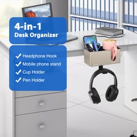 ROSYLINE Desk Cup Holder, Pen Holder for Desk, Headphone Holder, 3-in-1 Clip-on Desk Organizer for Expanding Office and Gaming Desk Space (Black)
