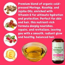 Pomberries Organic Moringa Oil with Rosehip, Jojoba & Vitamin E – Cold-Pressed & Unrefined – Hydrating Face, Body & Hair Oil – Nourishing Facial Serum – 2 fl oz