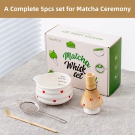 YumiPLUS 5pcs heart design Matcha Set,15oz Ceramic Bowl with Spout and Bamboo Whisk set, Tea Making Kit for mother/friends/lover (love)