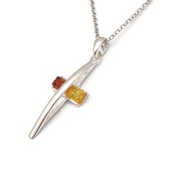 Kiara Jewellery 925 Sterling Silver Multi Colour Amber Modern Curved Cross Pendant Necklace on 18" Sterling Silver Chain.