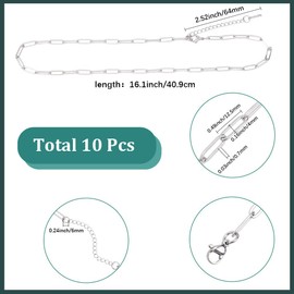 SUNNYCLUE 1 Box 10Pcs 16 Inch/41CM Stainless Steel Paperclip Chains Rectangle Silver Chain Bulk Metal Adjustable Necklace Link with 6.4CM Extender for Jewellery Making DIY Crafts Women Men Supplies