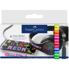 Faber-Castell Creative Markers, 6 Neon Colors: Multi-Surface Paint Pen Markers, Neon Fluorescent Colors Glows Under Black Light