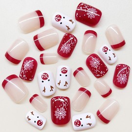 Christmas Press on Nails Short Square Fake Nails with Elk Designs Red French Tip False Nails Winter Snowflake Glue on Nails New Year Xmas Acrylic Nails for Women Girls Manicure Nail Decoration 24Pcs
