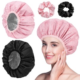 2 Pieces Deep Care Heated Hat Self Heating Hat for Hair Care, Double Layer Aluminum Grooming Cap with 2 Hair Bands for Spa Hairstyle, Pink+Black
