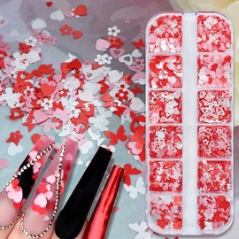 Valentine's Day Nail Art Glitters Sequins, 3 Boxes Holographic Heart Nail Art Flakes Red Heart Glitter Sticker Decals Mixed Color Heart Nail Sequins for Manicure DIY Decorations 36 Styles