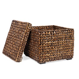 BIRDROCK HOME Storage Cube Box with Lid - Brown Wash Seagrass - Hand Woven Container for Blankets Pillows - Sturdy Metal Frame