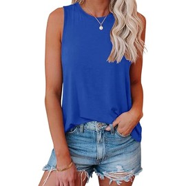 Smile Fish Women Crewneck Flowy Loose Fit Tank Top Sleeveless Summer Tops Shirts Cotton Royal Blue,L