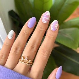 24Pcs Fake Nails Purple White Press on Nails Short Almond Stick on Nail Glossy Full Cover Nails Press Ons with Rhinestones Design Reusable DIY False Nails for Women and Girls