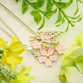 Miaomyao Kanzashi, Kanzashi, One Piece, Kimono, Yukata, Hair Ornament, Metal, Antique Flower, Pink, Cherry Blossom, Pearl, Gold, Hair Accessory
