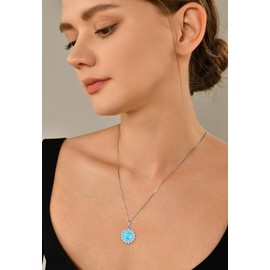 YL Round Necklace 925 Sterling Silver Fireworks Cut Pendant 5A Cubic Zirconia Chain Jewellery Gifts for Women, Silver, Aquamarine