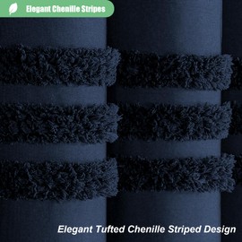 Dynamene Navy Blue Fabric Shower Curtain, Tufted Chenille Striped Textured Cloth Shower Curtains for Bathroom, Boho Farmhouse Shabby Chic Waterproof Shower Curtain Set with Hook, Wrinkle Free, 72x72