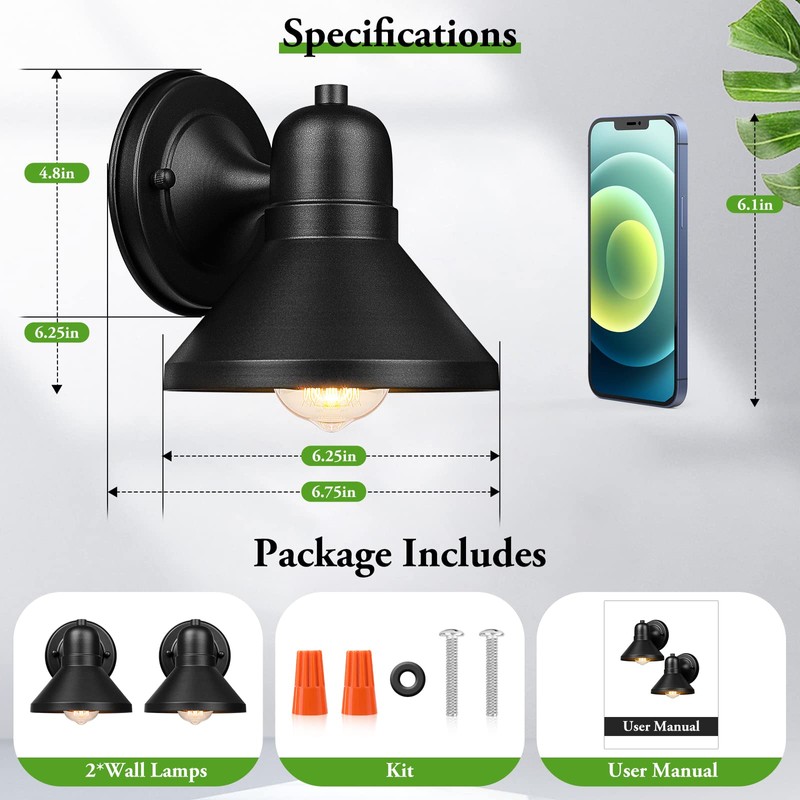 Brightever Outdoor Lanterns, 2-Pack Exterior Light Fixtures, Waterproof Anti-Rust Black