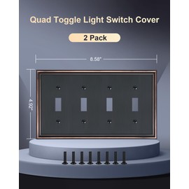 TREEWELL 2-Pack Quad Toggle Light Switch Cover Plate, Durable Zinc Alloy Decorative Switch Plate Covers, Aged Bronze 4 Gang Wall Plate for Toggle Light Switch and Rotary Dimmer Switch