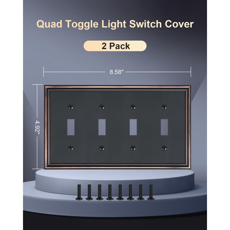 TREEWELL 2-Pack Quad Toggle Light Switch Cover Plate, Durable Zinc