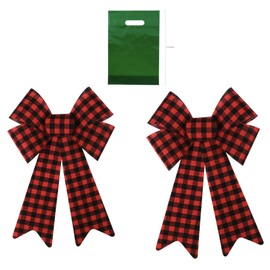 HT- (2Pieces) Holiday Christmas Red and Black Buffalo Check Plaid Bows15-Inch, Christmas Decoration Wreath Bows, Front Door Bows (Includes Emerald Green 12” Holiday Goody Bag) 3 Pack-Bundle