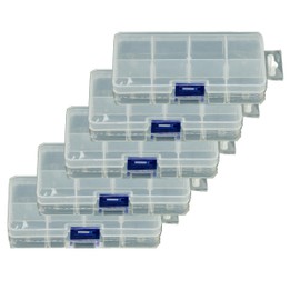 5-Pack Small Plastic Storage Box Case Container Snackle Box with 8 Grid Dividers 2.45" x 5.2" x .97" for Beads, Tackle Box, Fishing Hooks, Bobs, Buttons, Jewelry Grid Size: 1.25" x 1.2" Party Favors