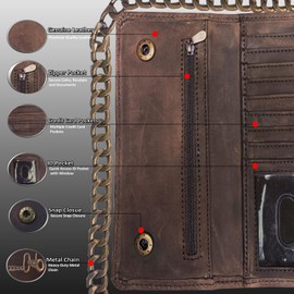 IBRO Motorcycle Chain Wallet for Men – 100% Natural Genuine Leather, Long Trifold RFID Blocking, Credit Card Money Organizer - Men’s Trucker Biker Metal Chain Wallets Vintage Chain Crazy Horse Brown