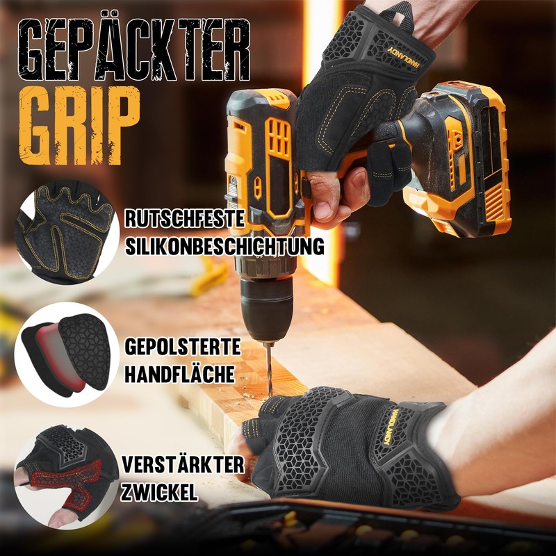 HANDLANDY Fingerless Work Gloves for Men Women, Padded, Non-Slip, Shockproof,