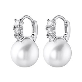 Elegant Pearl Drop Earrings with Paved Zircons 13mm Pearl Hoop Earrings for Women Luxury Heart Shaped Love Ear Jewelry for Party Wedding Daily Wear (Round)