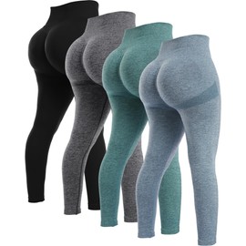 NORMOV 4 Piece Butt Lifting Workout Leggings for Women, Seamless Gym Scrunch Booty Lifting Sets(Black/Blue/Grey/Forest Green, M)
