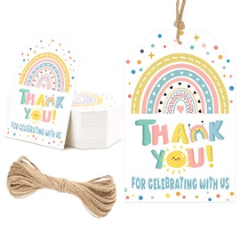 50 PCS Bohemian Birthday Thank You Gift Tags with String, Boho Rainbow Baby Shower Party Favors for Guests Gift Bag Wrapping Appreciation Cards