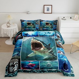 3D Shark Comforter Set,Sea Animals Bedding Set for Kids Girls Women,Adults Shark Geometric Comforter,Grid Squares Quilted Duvet Set Bedroom Collection Twin Size 2Pcs