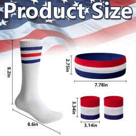SHANGXING 2 Set American Flag Sports Headband Wristbands Socks, Patriotic Striped Sweatbands Sock Set, 4th of July Sweatbands High Tube Socks Costume for Basketball, Football, Running, Exercise
