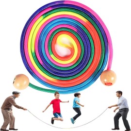 Skipping Rope for Multiplayer, 5 Metre Skipping Rope Children, Rainbow Colours Jump Rope, Long Skipping Rope with Wooden Ball Handle, Group Rope Skipping for School, Sports, Outdoor Activities