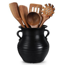 WOODWORD 2026 Upgraded Rustic Utensil Holder, Vintage Ceramic Utensil Holder, 7.3 Inch Utensil Crock for Kitchen Countertop, Retro Style Kitchen Counter Decor(Black)
