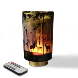 Eywamage Small Battery Operated Table Lamp with Remote, Forest Deer Cordless Glass Lamp for Bedroom Living Room Kitchen