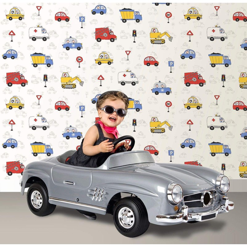 Kids City Traffic White Metallic Wallpaper Trucks Cars Fire Engine