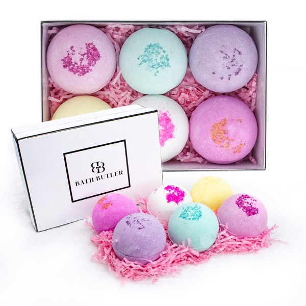 Bath Butler Bath Bombs Gift Set - 6 Large Bubble Bath Floating Fizzies with moisturizing Shea Butter, Spa Gifts for Women Bath Bomb Spa Kit Mothers Day Gifts idea for her Natural Bath Bombs for Men