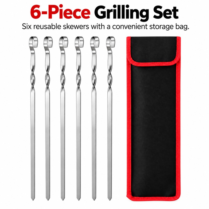 6-Piece Stainless Steel BBQ Skewer Set for Grilling – Flat