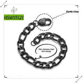 HSWYFCJY Bracelets for Men Womens Black Figaro Bracelets Width 9mm Stainless Steel Links Chain Bracelet Length 23cm Jewellery Gifts for Birthday Christmas