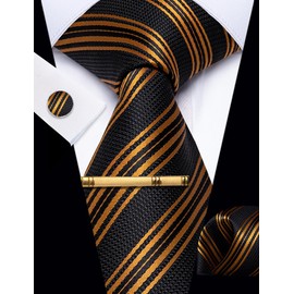 YourTies Black Gold Ties for Men Striped Silk Necktie Pocket Square Cufflinks Tie Clip Set Wedding Party Business Formal