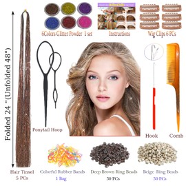 CelineBella Hair Tinsel Kit with Tools Coffee Brown Tinsel Hair Heat Resistant Fairy Hair Sparkling Shiny Glitter Hair Extensions for Women Girls Kids