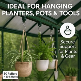Plant Hook Set for Greenhouse - 50 Running Hooks & 30 S-Hooks Weatherproof & Rustproof Ideal for Plants, Tools & Accessories