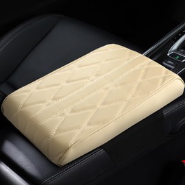 Tecfino Car Center Console Cover, Leather Arm Rest Cover Mat for Car, Waterproof Car Armrest Box Pad with Memory Foam, Car Accessories Interior Center Console Cushion for Car, Truck, SUV (A - Beige)