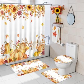 Mocsicka Fall Pumpkin Shower Curtain Set for Bathroom, 4Pcs Autumn Leaves Pumpkin Bathroom Sets with Non Slip Rugs, Toilet Lid Cover, Bath Mat, Shower Curtain, Bathroom Decor with 12 Hooks