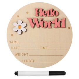 Gosknor Wooden Baby Announcement Sign, 5.91in Hello World Sign Newborn Name Plate Newborn Birth Announcement Sign Baby Announcement Plaque for Photo Props Baby Shower(Cherry Blossom Red)