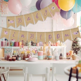 Runtoo Baby in Bloom Burlap Banner Flower Purple Rustic Bunting Floral Hanging Sign Decor for Baby Shower Party Birthday Decorations Neutral Boy and Girl Celebration Gender Reveal Supplies Favors