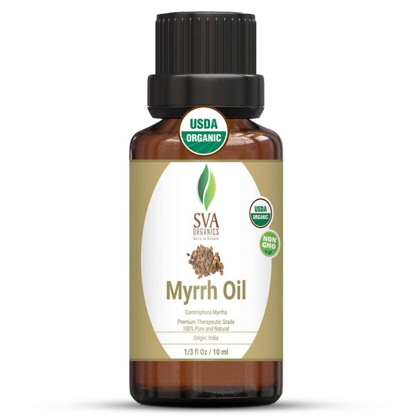 SVA Organics Myrrh Essential Oil Organic 10 ml 100% Pure USDA Certified Natural Premium Therapeutic Grade for Skin, Young Glowing Face, Hair, Personal Care, and Aromatherapy Massage
