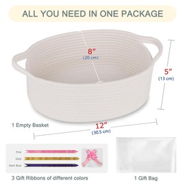 COMSE Small Woven Basket with Gift Bags and Ribbons, Gift Basket Empty, Basket for Gifts, Baby Toy Basket, Nursery Basket, Cotton Rope Basket for Storage, 30.5 x 20 x 13 CM, White