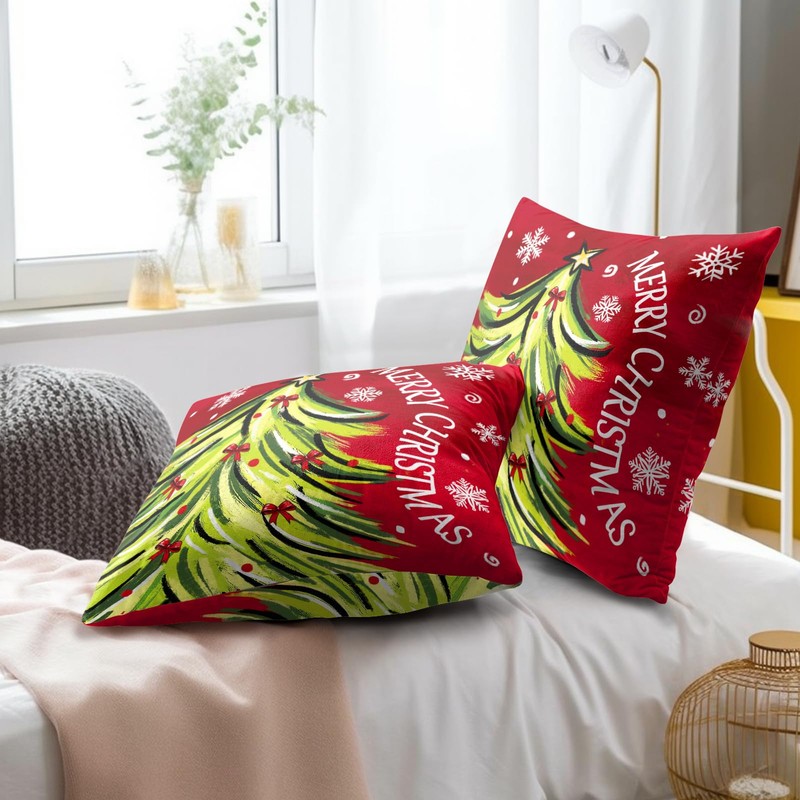 Merry Christma Tree Red and Green Throw Pillow Cover 18x18